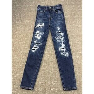 American Eagle  00 Short Blue Distressed Super High Rise Stretch Jeans Jegging